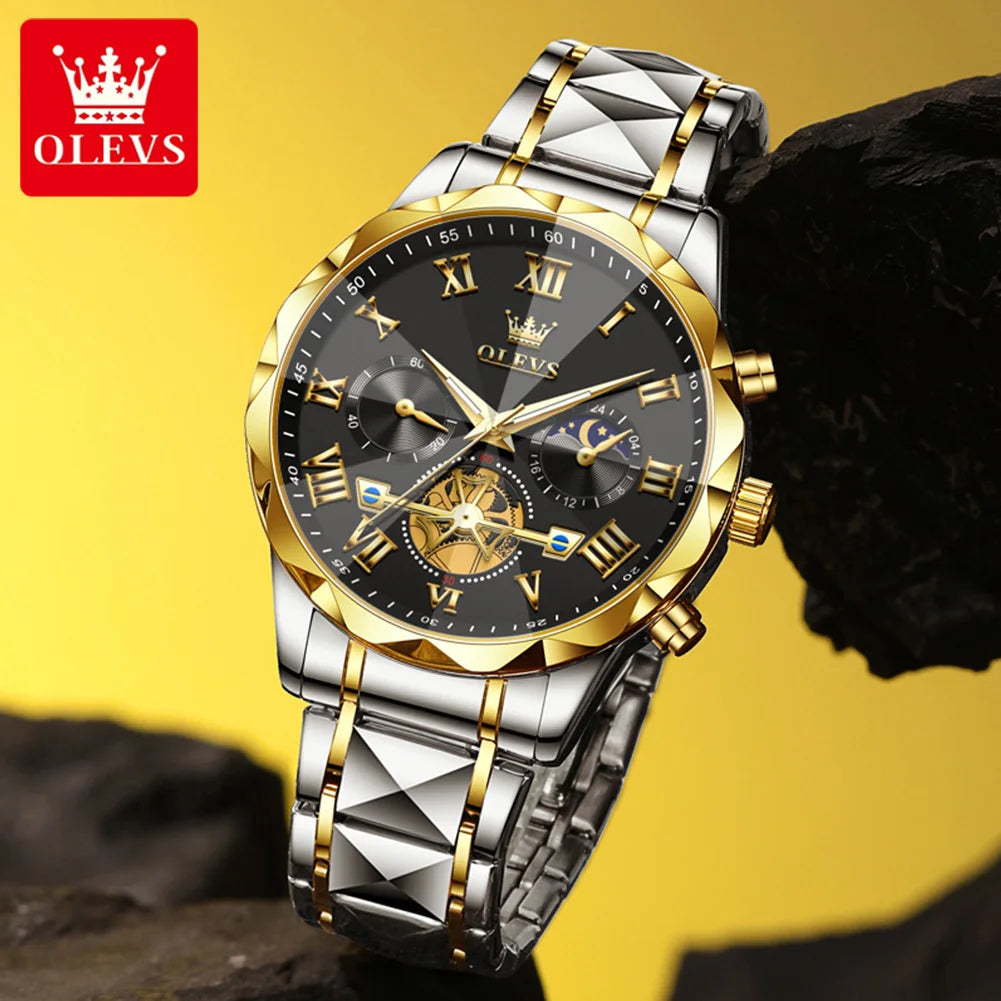 OLEVS 2709 Men's Watches New Luxury Original Skeleton Flywheel Design Moon Phase Chronograph Original Quartz Wrist Watch for Man