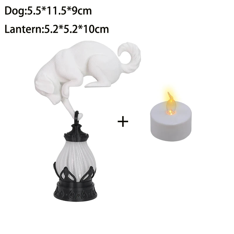 Cat Shelf Hook with Lantern Figurine Statue Home Bedroom Desk Ornament Decoration Night Light