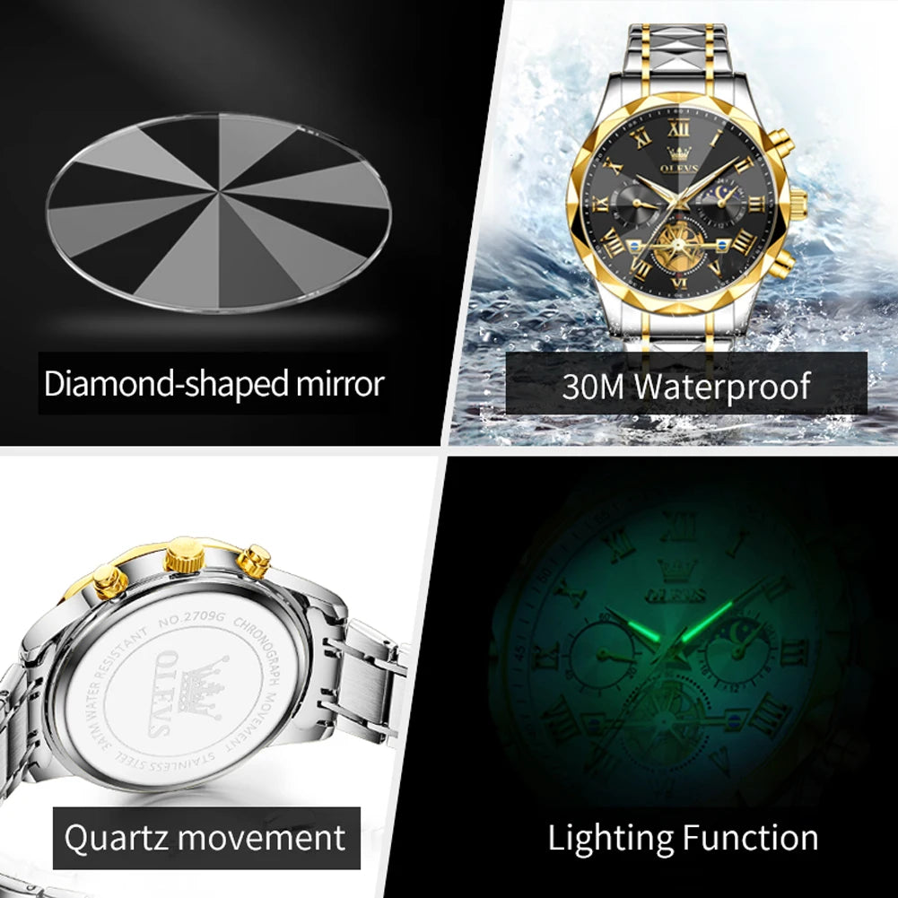 OLEVS 2709 Men's Watches New Luxury Original Skeleton Flywheel Design Moon Phase Chronograph Original Quartz Wrist Watch for Man