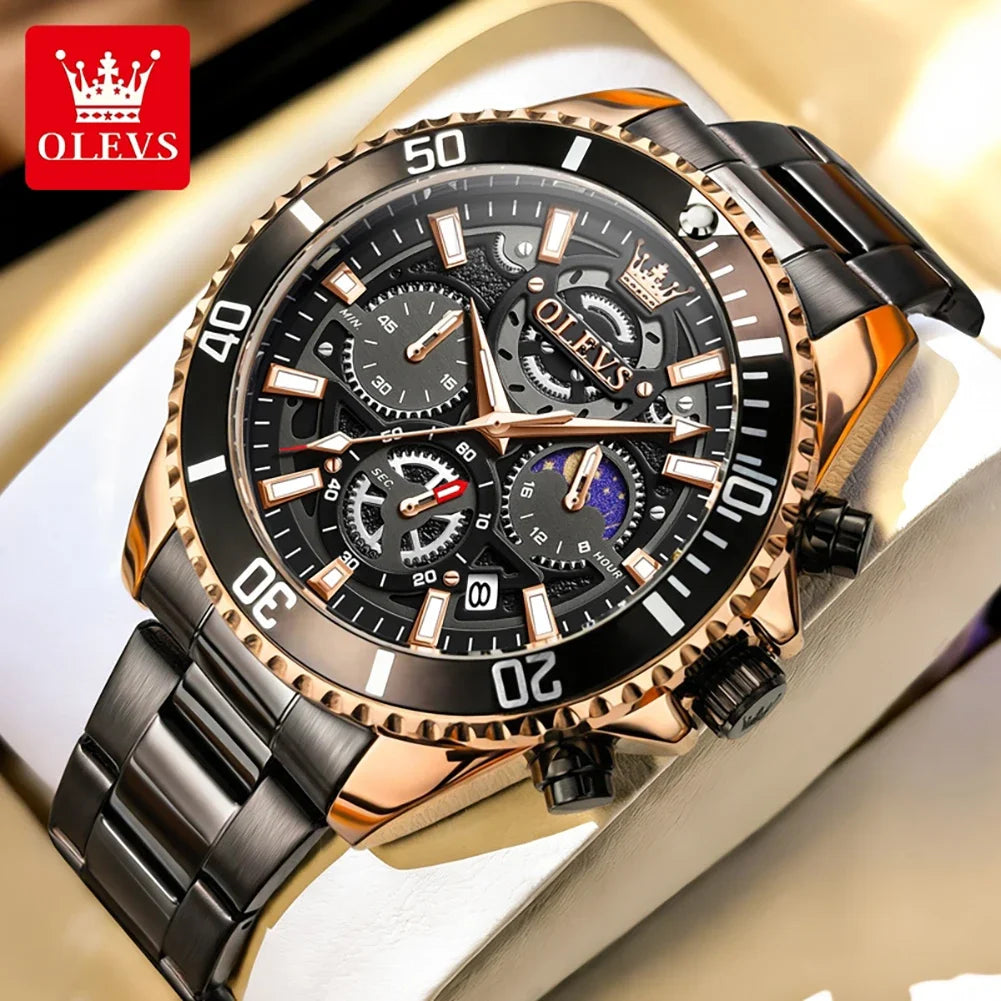 OLEVS Men Skeleton Quartz Watch Chronograph Moon Phase Waterproof Luminous Stainless Steel Sport Wristwatch Casual Clock 2990