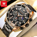 OLEVS Men Skeleton Quartz Watch Chronograph Moon Phase Waterproof Luminous Stainless Steel Sport Wristwatch Casual Clock 2990
