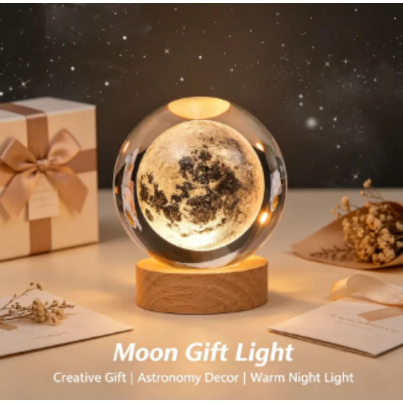 3D Crystal Ball Night Light Lamp - Laser Engraved Solar System Globe, Astronomy Planet, Birthday Gift, Home Desktop Decoration