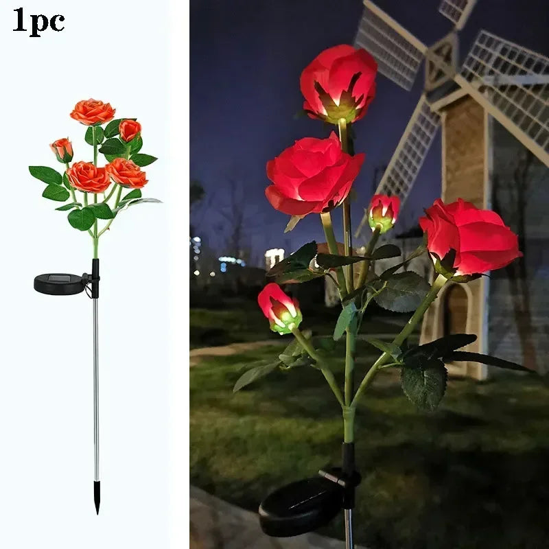 LED Artificial Rose Flower Ground Light Holiday Garden Summer Wedding Party Outdoor Courtyard Patio Decoration Solar Lawn Lamp