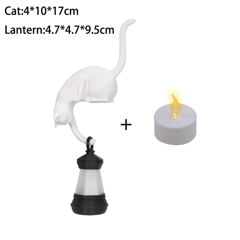 Cat Shelf Hook with Lantern Figurine Statue Home Bedroom Desk Ornament Decoration Night Light