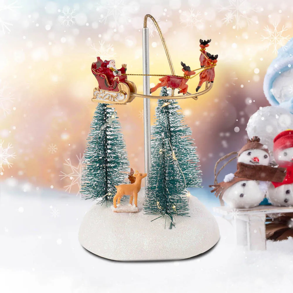 Animated Christmas Village Flying Sleigh with Rotating Santa Figurines Musical Light-Up Holiday Decorations Accessory
