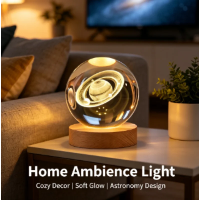 3D Crystal Ball Night Light Lamp - Laser Engraved Solar System Globe, Astronomy Planet, Birthday Gift, Home Desktop Decoration