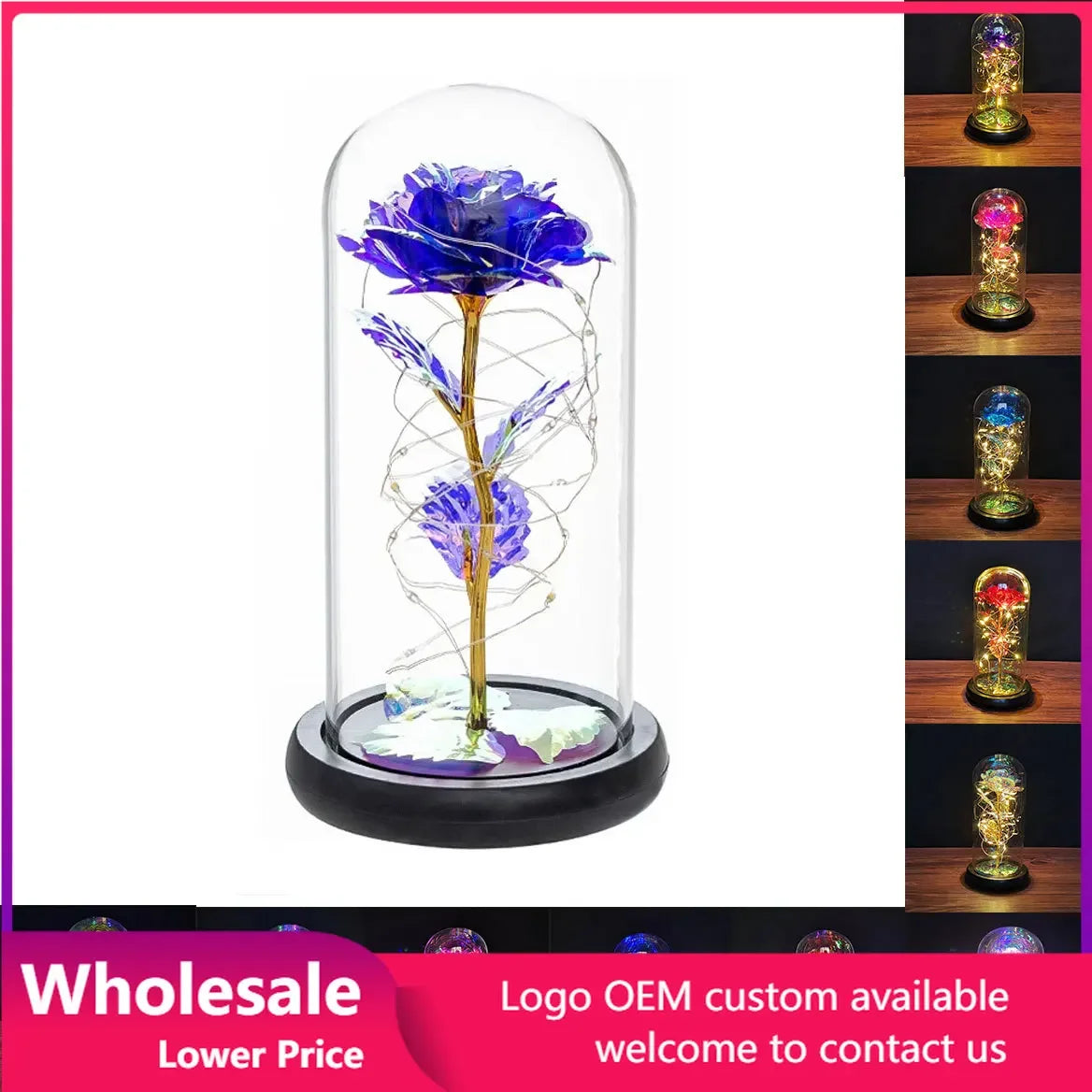 LED Night Light Transparent Permanent Flower Glass Cover Foil Artificial Flower Valentine's Day Gift Creative Ornaments