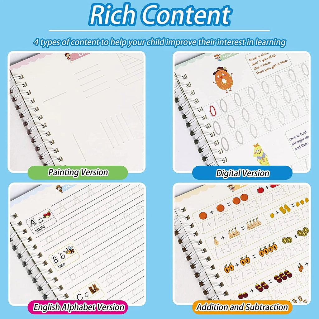 4 Books/set English Sank Magic Practice Copybook French Number Tracing Book German Calligraphy Spanish Reusable Writing Tool