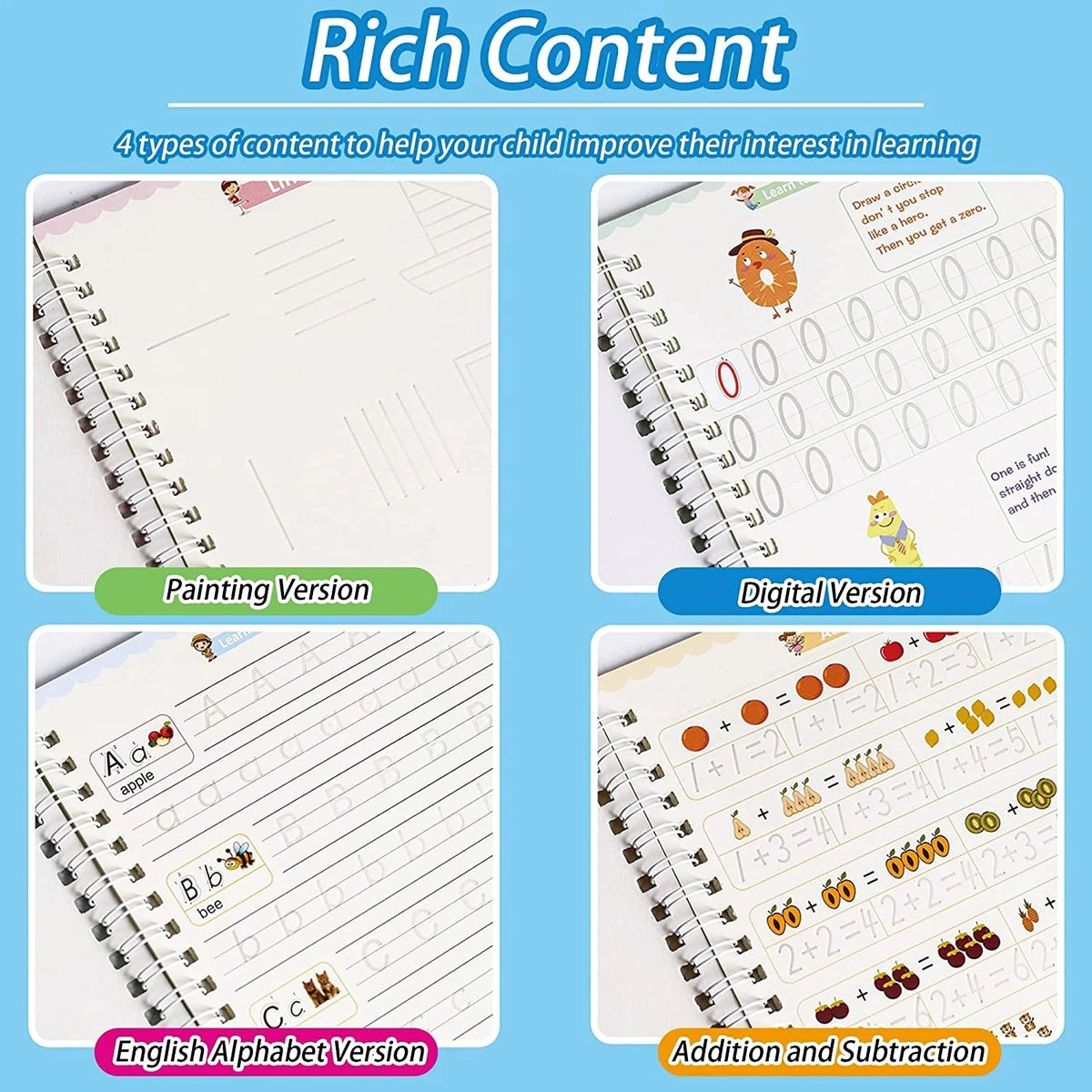 4 Books/set English Sank Magic Practice Copybook French Number Tracing Book German Calligraphy Spanish Reusable Writing Tool