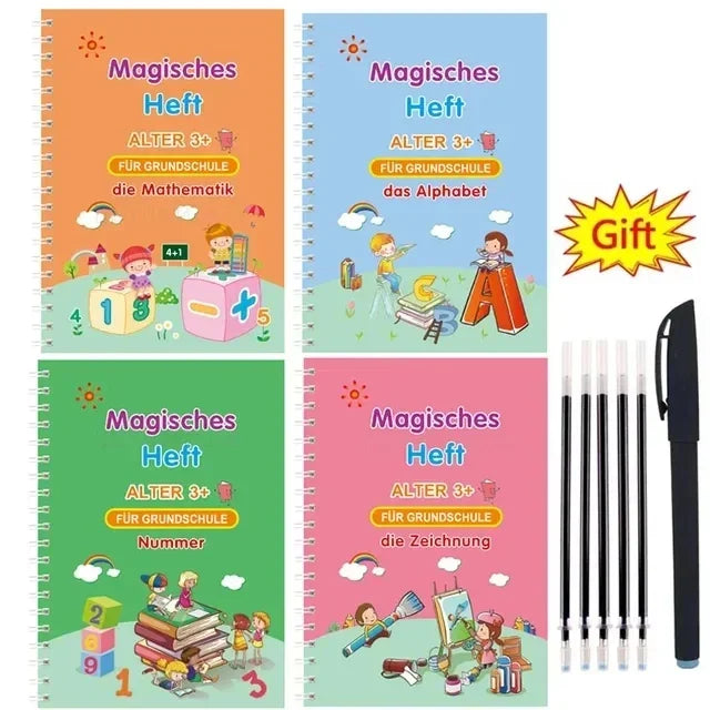 4 Books Montessori SANK English Magic Copybook Reusable Writing Practice 3D Calligraphy Book Wipe-free Education Books