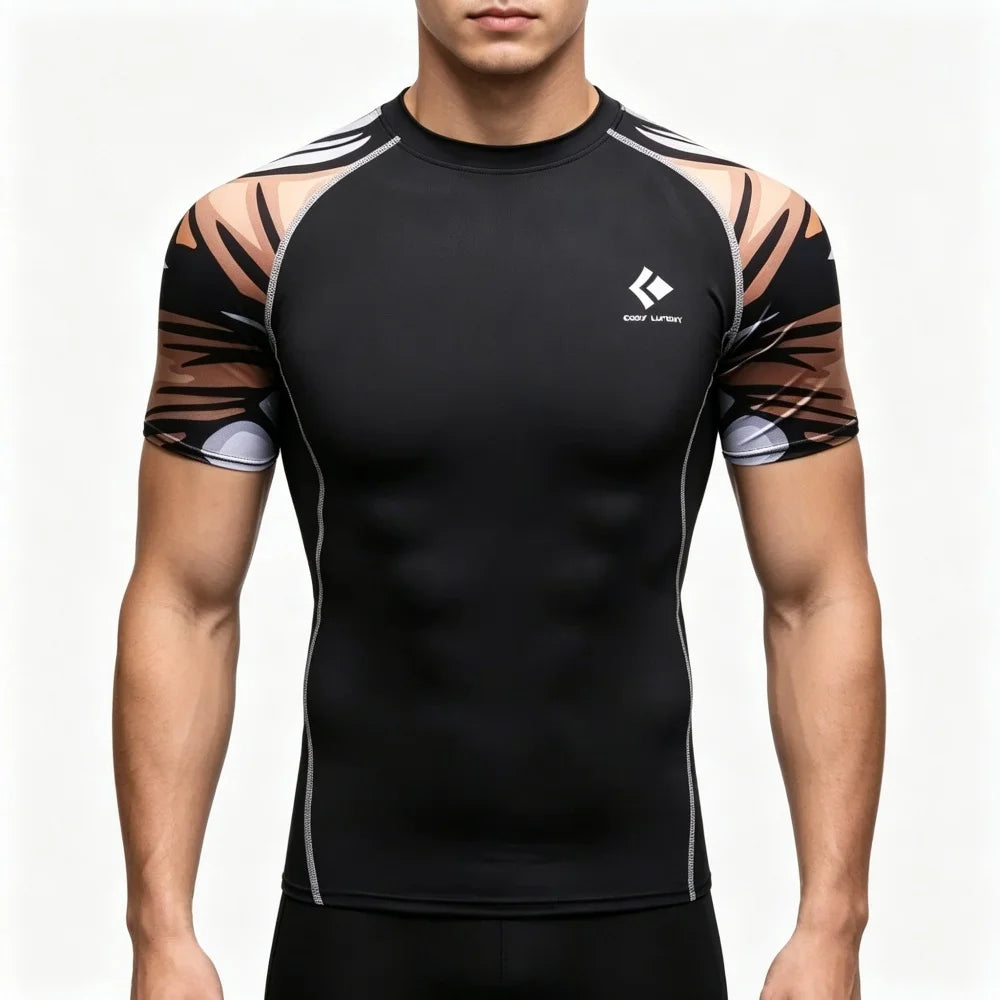Men's Compression Sports T-shirt Elastic Breathable Quick-dry Anime Print Gym Fitness Casual Top