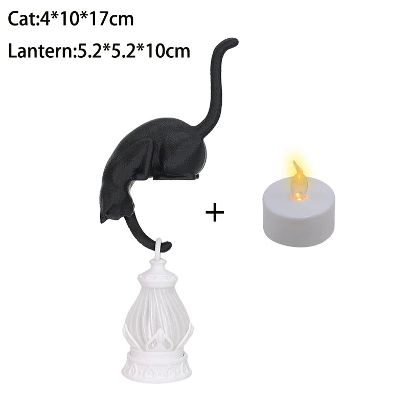 Cat Shelf Hook with Lantern Figurine Statue Home Bedroom Desk Ornament Decoration Night Light